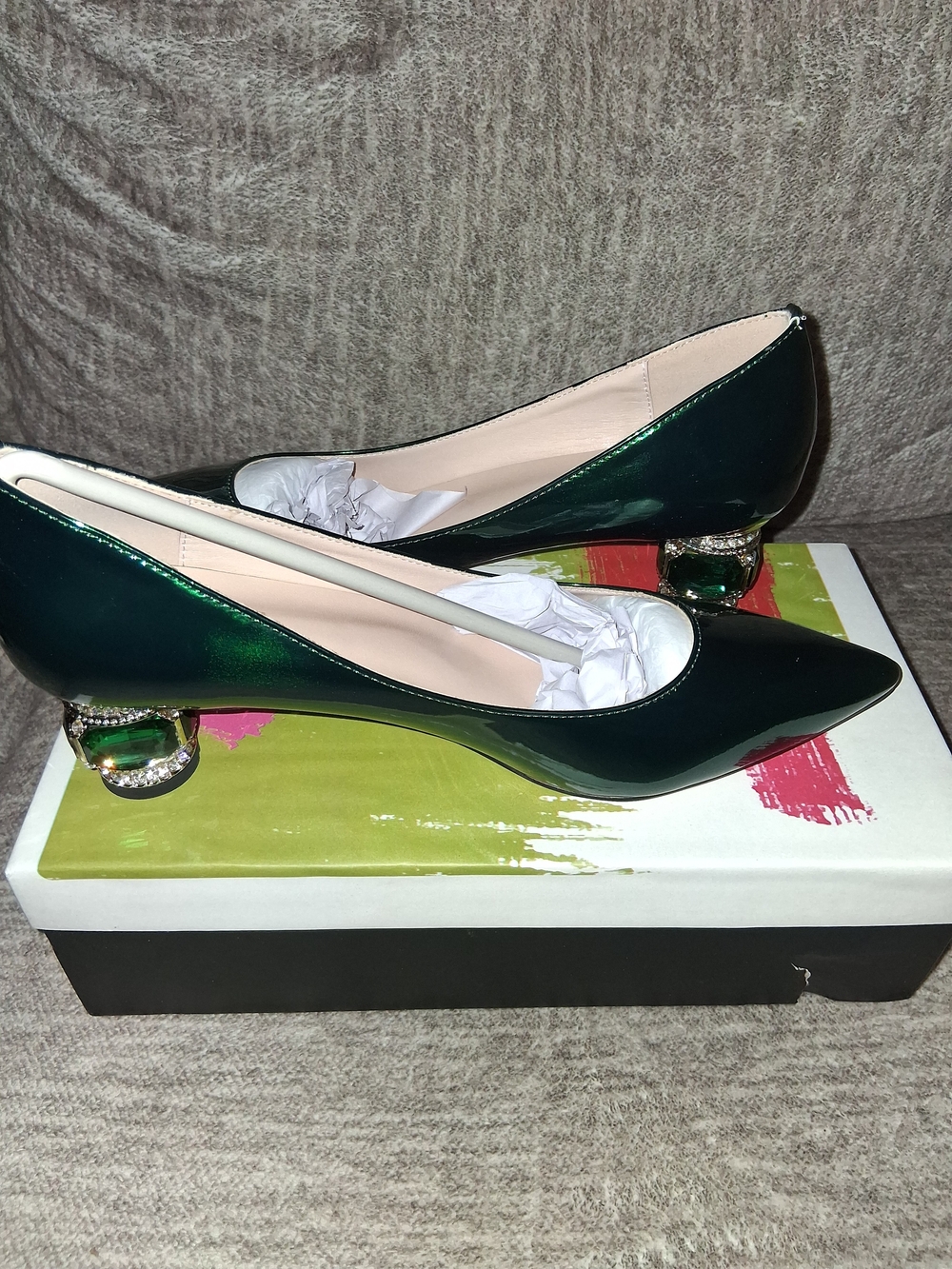 FSJ Dark Emerald Green Patent Leather Crystal Block Heel Pointed Toe Pumps 9.5